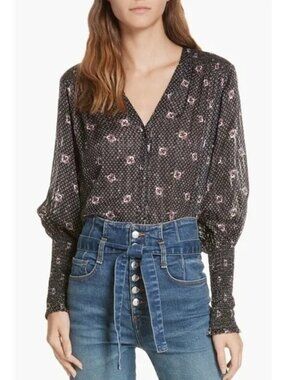 Veronica Beard Maree Smock Cuff Silk Blouse Black Silk Size 6 MSRP $450